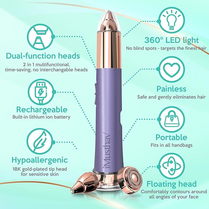 2 in 1 Eyebrow and Facial Hair Remover for Women Painless Electric Razor Epilator Trimmer Shaver with 18K Gold-Plated, USB Rechargeable, 360° LED for Flawless Eyebrow and Face Hair Removal