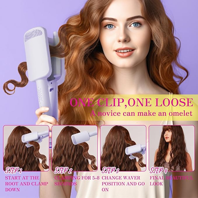 Waver Curling Iron Hair Crimper 1.25 Inch Crimper Hairs Tool with Ceramic 3 Barrel Ionic Deep Hair Waver for Women Hairs Curler for Long & Short, Easy to Use, Dual Voltage, Anti-Scald (Purple)