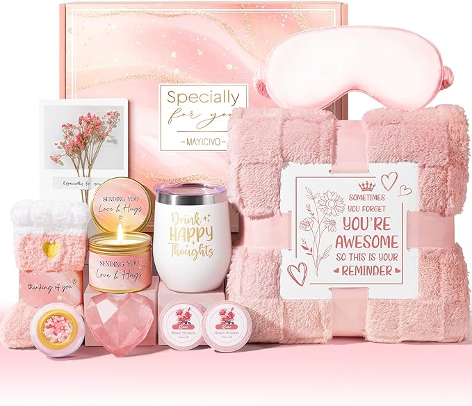 Birthday Gifts for Women, Self Care Get Well Soon Gift Baskets for Women, Rose Relaxing Spa Gifts Care Package with Blanket, Unique Valentines Day Gift Ideas for Her Wife Girlfriend Mom Friend Sister