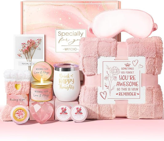 Birthday Gifts for Women, Self Care Get Well Soon Gift Baskets for Women, Rose Relaxing Spa Gifts Care Package with Blanket, Unique Valentines Day Gift Ideas for Her Wife Girlfriend Mom Friend Sister