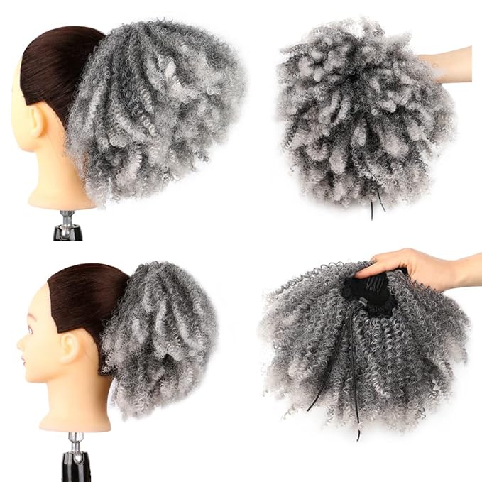 Drawstring Ponytail Afro Kinky Curly Ponytail for Black Women Short Wave Synthetic Ponytail Hair Extension (T1B/Grey,Ombre Grey)