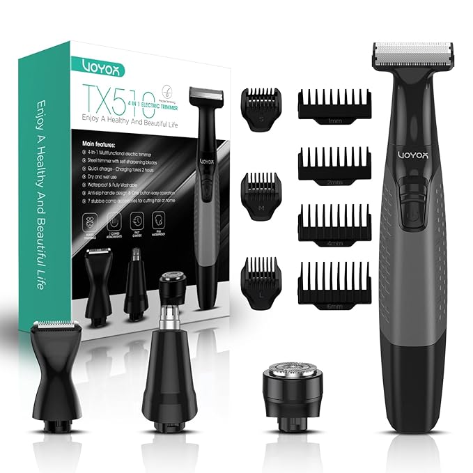 VOYOR Beard Trimmer for Men Electric Razor, Nose Face Body Hair Trimmer with Adjustable Length Combs All in 1 Rechargeable Mens Grooming Kit Cordless Electric Shaver Wet/Dry TX510 (Grey)