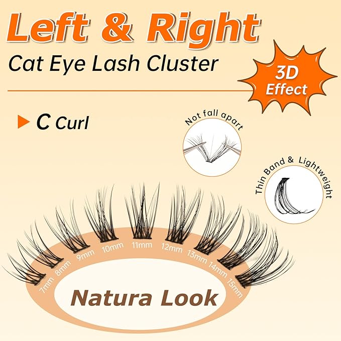 Wispy Lash Clusters, Lash Clusters Kit, Lash Extension Kit, C Curl Left & Right 180pcs 7-15 mm Individual Cluster Eyelash Extension with Bond and Seal, Tweezers, Remover