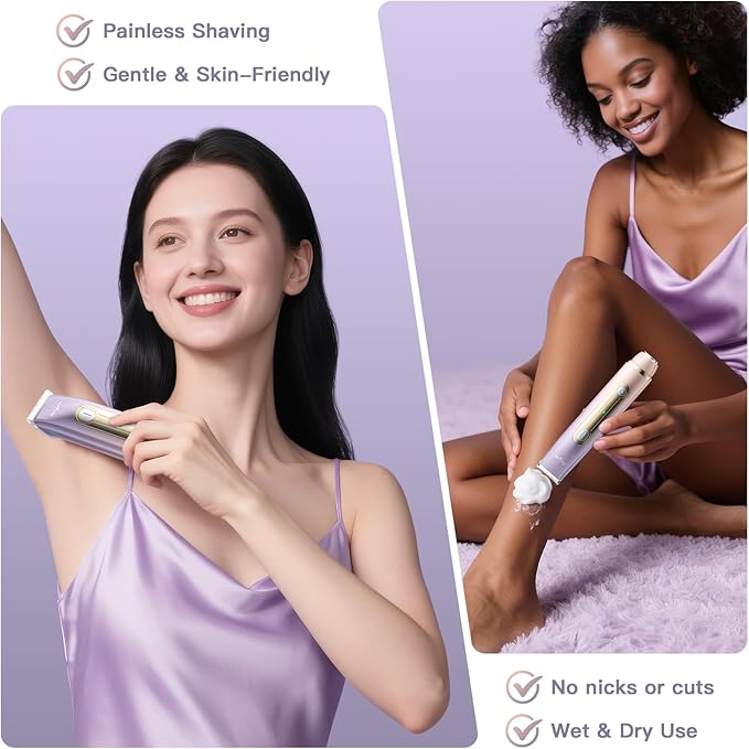 Bikini Trimmer for Women, 2 in 1 Dual Head Rechargeable Electric Shaver, Painless Pubic Hair Trimmer for Underarm Leg Arm Body Face– IPX7 Waterproof & Travel-Friendly, GoldPurple