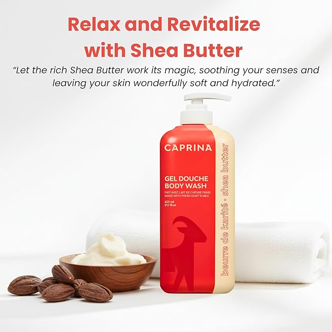 Caprina Fresh Goat’s Milk Body Wash, SHEA BUTTER Formula, 625 ml, Moisturizing Cleanser for Normal Skin, Gentle Daily Hydration