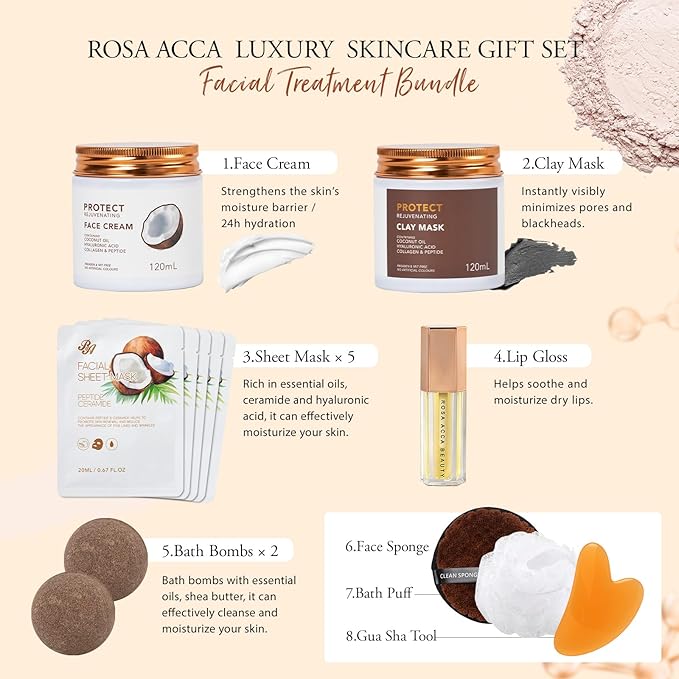 Valentines Day Gifts for Women, Coconut 32 Pcs Facial Skin Care Kit, Home Spa & Self-Care Gifts, Bath and Body, Lip Oil, Face Sheet Mask, Serum, Birthday, Mother Day, Christmas,All Occasion Present