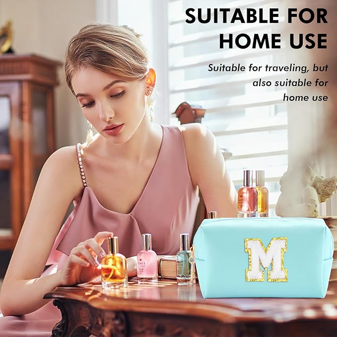 URSKYTOUS Gifts for Girls Initial Makeup Bag Personalized Cosmetic Bag with Zipper Cute Travel Toiletry Bag Waterproof PU Preppy Makeup Pouch Birthday Gift for Teen Girls Women(Blue M)