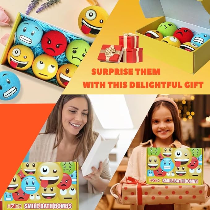 Large Emotion Face Bath Bombs Set of 6 – Fun Emoji-Inspired Spa Fizzies – Handmade with Shea Butter, Cocoa Butter & Essential Oils – Moisturizing Gift Set for Women, Men & Kids (Pack of 2)