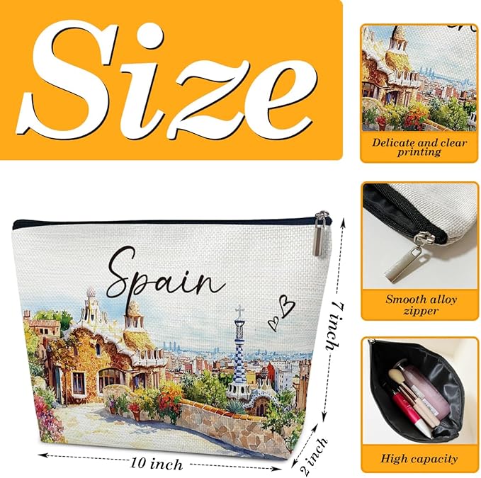 Ythuil Spain Travelling Gift Makeup Bag, City Travel Cosmetic Bag for Purse, Watercolor Makeup Bags, Spain Souvenir, Trip Favors for Traveller Lovers, City Themed Organizer