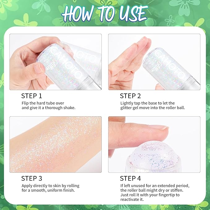 Green Rolling Glitter for Face Body & Hair, Roll-on Sequins for St. Patrick's Day, Sparkling Accessories for Christmas Concert Rave Festival Halloween Party Mardi Gras Carnival, 1.35fl.oz