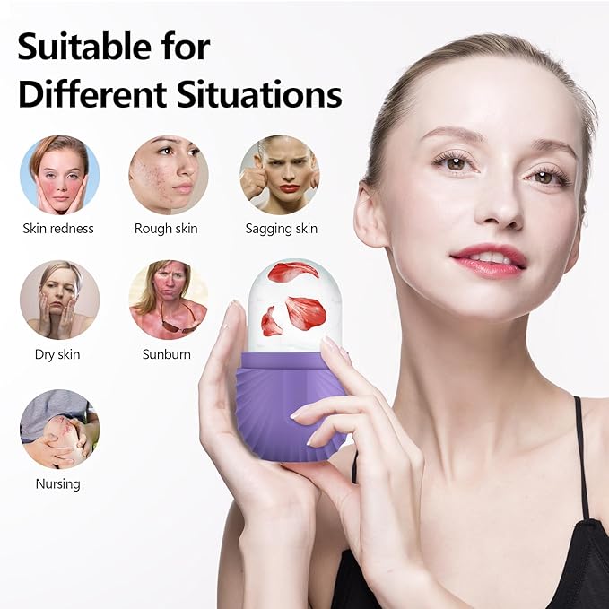 2pcs Ice Roller for Face and Eye, Silicone Ice Facial Roller Ice Holder, Face Ice Mold Skin Care, Face Icers Reusable Ice Cube Roller for Shrink Pores Anti Wrinkle Reduce Puffiness, Purple Brown
