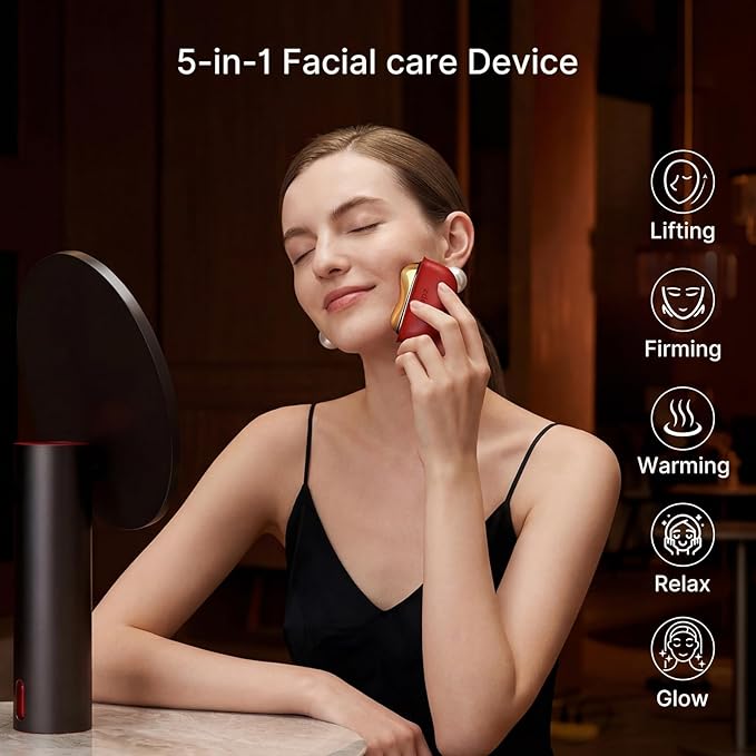 Electric Gua Sha Facial Care Set – Heated Brass Face & Neck Massager with Red Light Therapy & Soothing Vibration, Includes 2 × 10ml Massage Oils for Face & Body Care