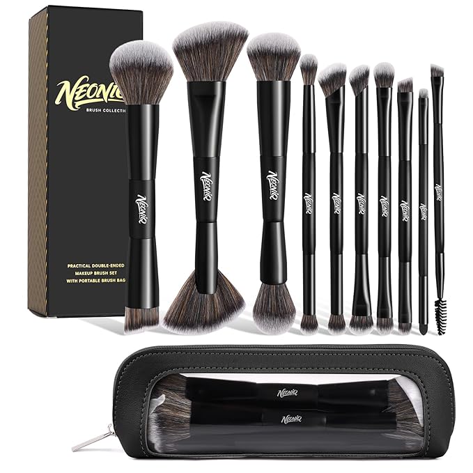 NEONIQ 10 PCS Foundation Contour Conceal Brush Set With Bag, Makeup Brushes, Double-End Multi-functional Brushes for Foundation Powder Blush Eyeliner Eyeshadows, Professional Face Brush Set（Black）