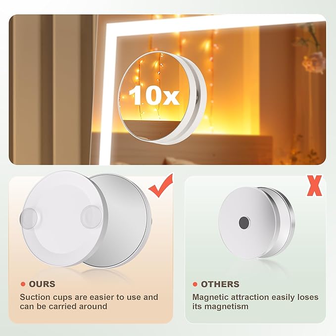 Hasipu Vanity Mirror with Lights, 17.7" x13.8” - 10X Magnification, Smart Touch 3 Color Modes, Brightness Control & 360° Rotation