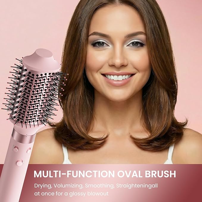 MESCOMB Dual Voltage Hot Air Styler Wrap - 5 in 1 Hair Dryer Brush with Fast Drying Blow Dryer, Styling, Straightening & Volumizing with Travel Bag (100V–240V) -Pink
