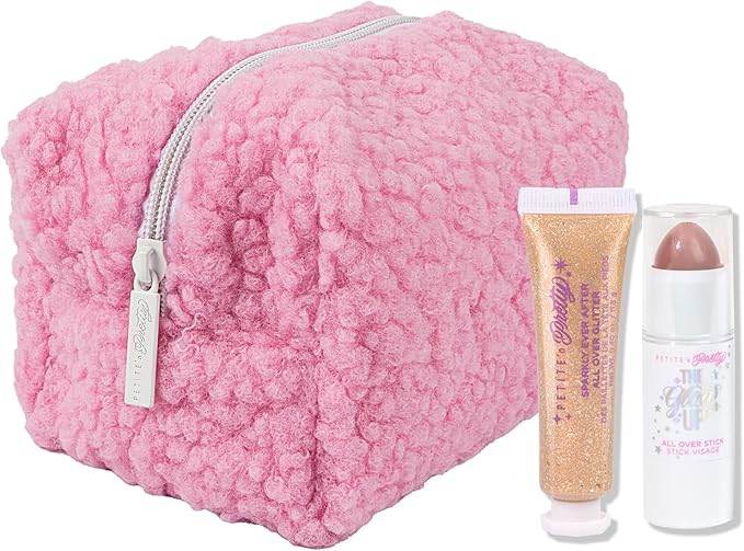 Petite N Pretty Glitter Makeup Set - Shimmering for Eyes, Cheeks, and Body - Glow Up Stick & All-Over Glitter in Pink Sherpa Bag for Kids, Teens, and Tweens (Bronze)