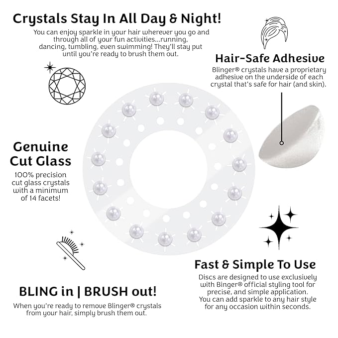 blinger® Shimmer Crystal Refill Pack – as seen on Shark Tank | 5 Discs – 75 Precision-Cut Glass Crystals | Hair-Safe Accessories | Styling Tool not Included | Pure White Pearls 5 mm