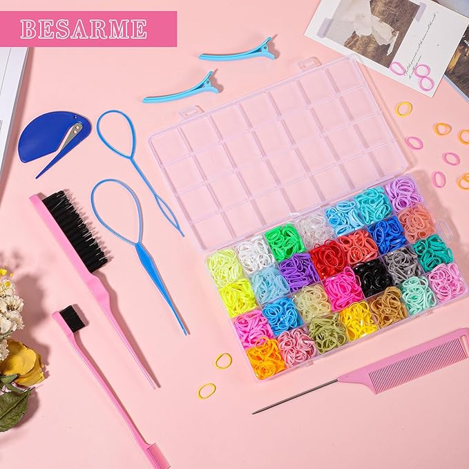 28 Colors Rubber Bands with 8 Hair Styling Tools, 1500 Pcs Colorful Elastic Ties Small Rubber Bands Baby Toddler Ties Daughter Valentines Day Gifts