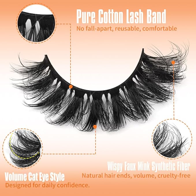Kiromiro Lashes Mink False Eyelashes D Curl Fake Lashes Volume Cat Eye Lash Fluffy Wispy Lashes 18mm Thick Strip Eyelashes Pack, 7 Pairs
