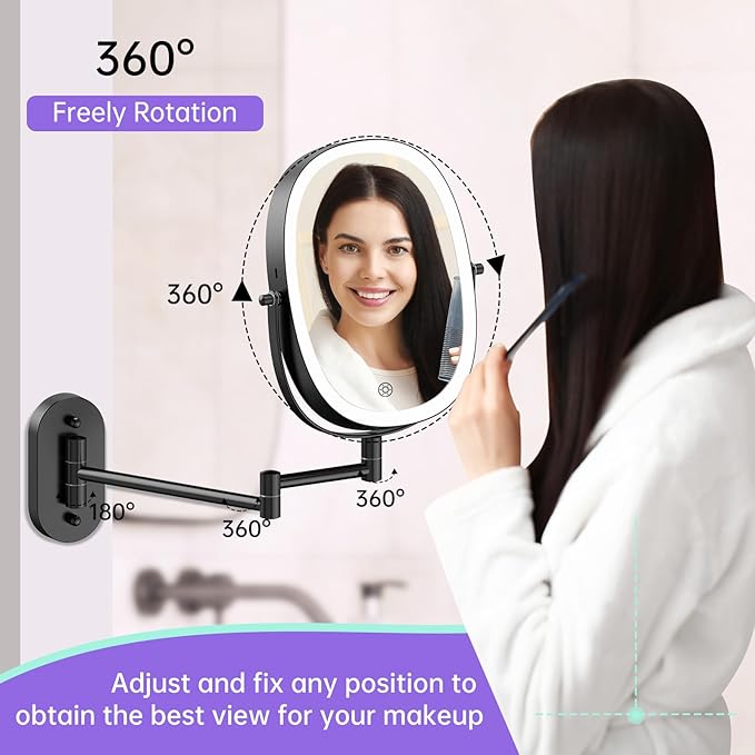 FUNTOUCH Wall Mounted Makeup Mirror with Light, Oval Rechargeable Double-Sided 7X/1X Magnifying Mirror, Vanity Mirror Dimmable 3 Color Light, 360° Extension Rotation Foldable 13.5 in