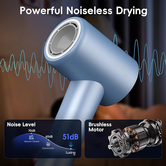 Hair Dryer, TurboLux Ionic 200 Million Negative Ions 1500W Fast Drying High Speed Hairdryer with Diffuser, Lightweight, Low Noise Hair Dryers for Women with 110000 RPM Brushless Motor (Steel Blue)