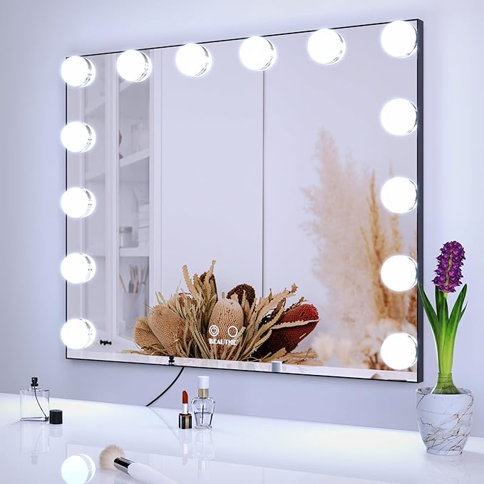BEAUTME Vanity Mirror with Lights, Lighted Makeup Mirror with 14 Dimmer Bulbs, 2 Color Lighting Mode, Touch Control, Tabletop or Wall Mounted for Bedroom,Dressing Room,Balck 23.6" X 20"