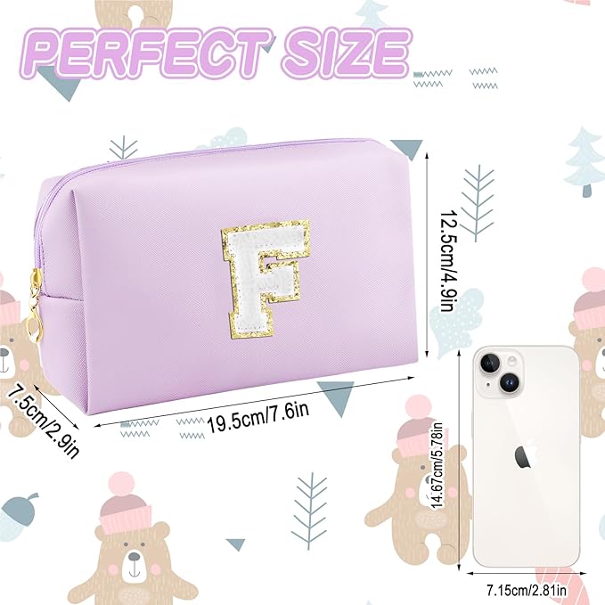 URSKYTOUS Gifts for Girls Initial Makeup Bag Personalized Cosmetic Bag with Zipper Cute Travel Toiletry Bag Waterproof PU Preppy Makeup Pouch Birthday Gift for Teen Girls Women(Purple F)