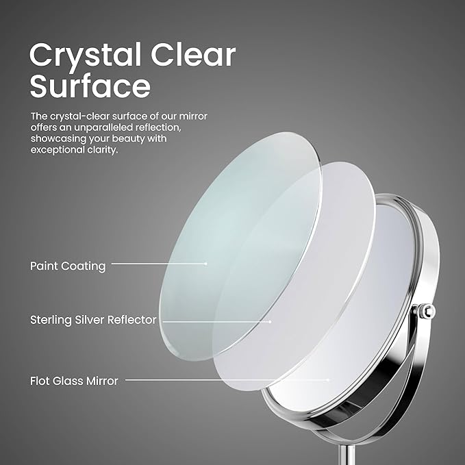 KIBI Free Standing Magnifying Makeup Mirror | Dual-Sided 1X/5X Magnification | 360° Rotating Vanity Mirror for Precise Grooming, Skincare & Beauty (Chrome, KMM103)