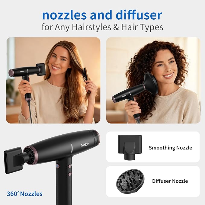 Professional Ionic Hair Dryer with 2 Attachments (Diffuser & Concentrator), High-Speed Blow Dryer for Women Men, Lightweight Quiet Hairdryer for Travel & Home, for All Hair Types