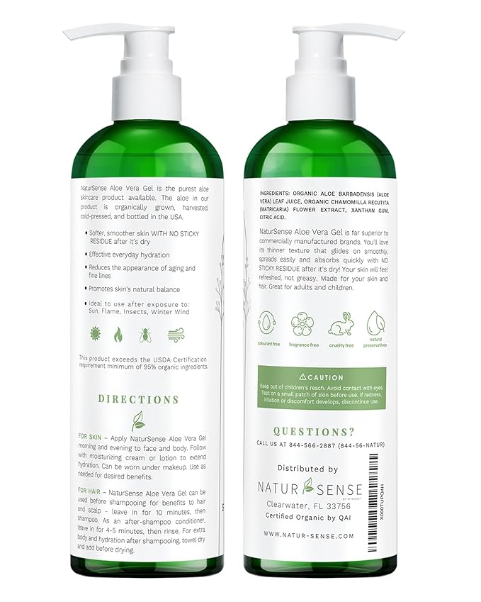 NaturSense USDA Organic Aloe Vera Gel from 100% Pure Aloe. Deep Hydration, Effective Moisturizing. Great for Hair, Scalp, Face, Dry Skin, Acne, Sunburn, Sensitive Skin. Unscented, 12 oz.
