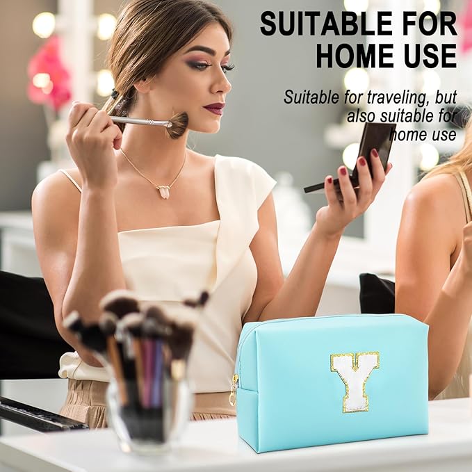 URSKYTOUS Gifts for Girls Initial Makeup Bag Personalized Cosmetic Bag with Zipper Cute Travel Toiletry Bag Waterproof PU Preppy Makeup Pouch Birthday Gift for Teen Girls Women(Blue Y)