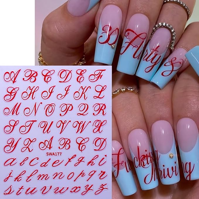 8 Sheets Letter Nail Stickers Retro English Letter Nail Decals 3D Self-Adhesive Black Red Blue Gold English Alphabet Nail Art Stickers Letters Sticker DIY Manicure Decoration Accessories for Women