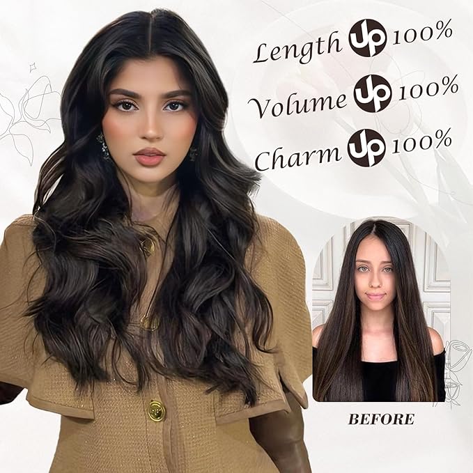 BARSDAR Beach Wavy Dark Brown Clip in Hair Extensions – 16 Inch 6PCS Thick Soft Synthetic Hairpieces, Full Head Clip in Hair Extensions for Women – Voluminous Easy Wear Daily Party - Dark Brown