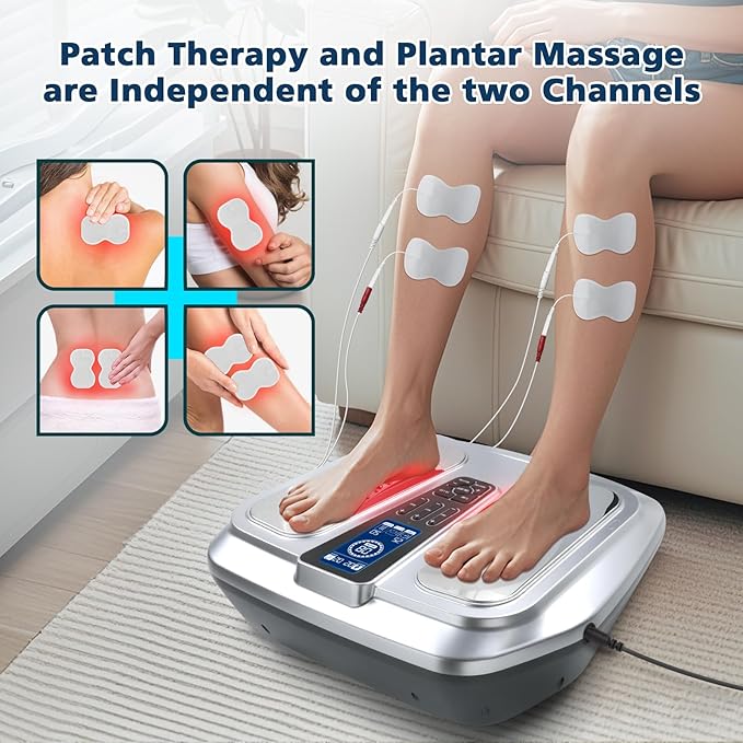 EMS Foot Massager with Heat,TENS Electronic Muscle Circulation Stimulator with 4 Electrode Pads for Neuropathy,Relieves Swelling, Fatigue, Plantar Fasciitis-Silent Operation (Silver) (Silver)