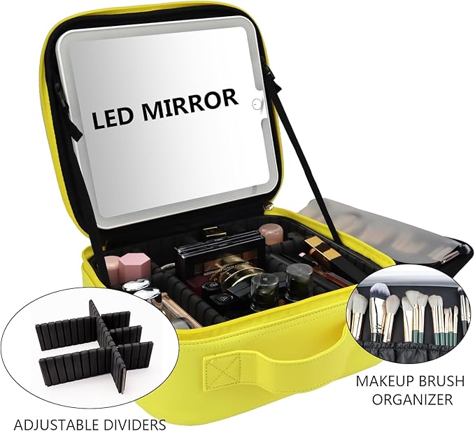 SLUMAZI Travel Makeup Bag with LED Mirror Travel Makeup Organizer with 3 Lighted Settings, Adjustable Dividers and Makeup Brush Storage Bag Yellow