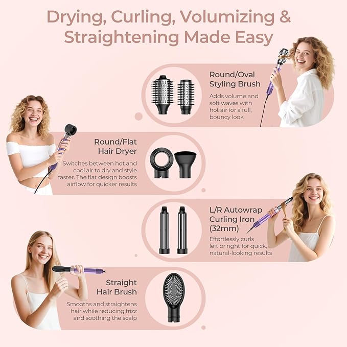 7-in-1 Hair Dryer Brush and 1500W Hair Styler Set – Fast Drying, Curling, Straightening & Volumizing – Hot Air Styling Tool with No Heat Damage – for All Hair Types – Purple