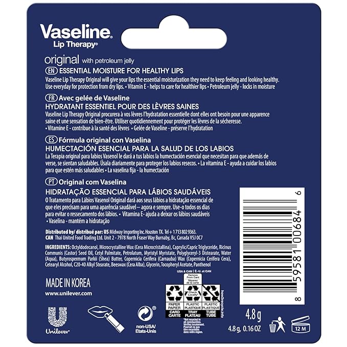 Vaseline Lip Therapy Original, Fast-Acting Lip Oz