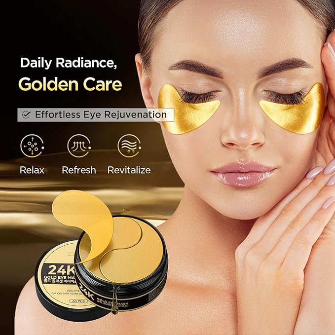 ZZILME 24k Gold Eye Patches - Firming, Glowing & Hydrating Hydrogel Mask for Puffy Eyes, Dark Circles, Wrinkles, Eye Bags Treatment, Fine Lines, Korean Skincare Gifts for Men and Women, 60Pcs