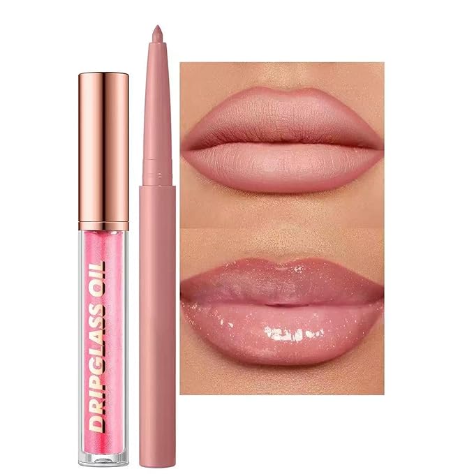 Pink Lip Gloss Lip Liner Set, Lip kit with Lip Oil Lip Liner, Lip Plumer Gloss lip liner Pencil Pluming Waterproof Long Lasting Smudgeproof (01# light pink)
