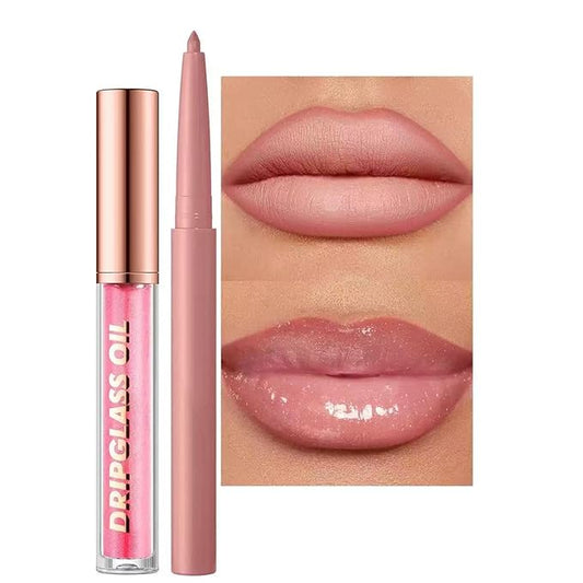Pink Lip Gloss Lip Liner Set, Lip kit with Lip Oil Lip Liner, Lip Plumer Gloss lip liner Pencil Pluming Waterproof Long Lasting Smudgeproof (01# light pink)