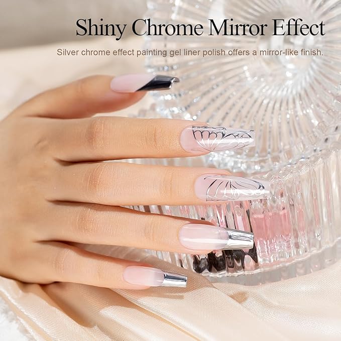 RARJSM Metallic Silver Gel Liner Nail Art 3D Mirror Chrome Effect Gel Nail Polish 8ml Build in Thin Brush Metal Painted Drawing Striper Gel Polish Soak off Curing Requires for Home Salon Diy Painting