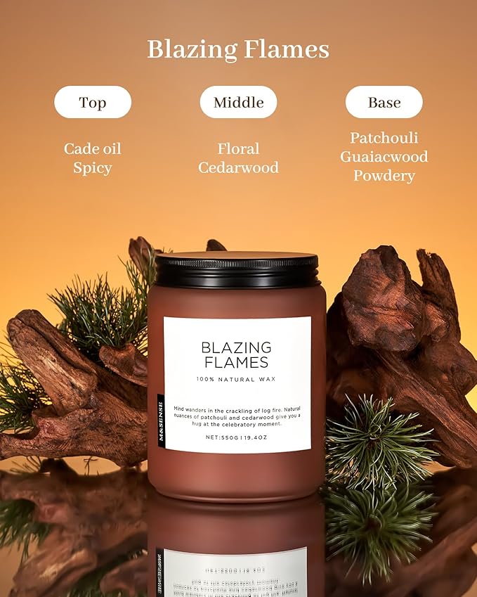 M&SENSE Blazing Flames Winter Scented Candles, Soy Wax 19.4oz 110 Hours Long Lasting Clean Burn, Warm Woods Aromatherapy Candles for Relaxation Large Candle Birthday Holiday Gifts for Men Women