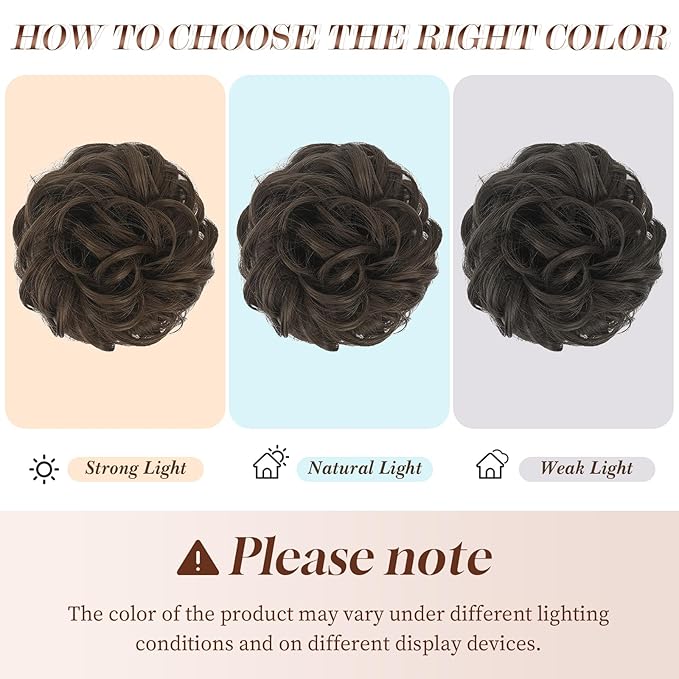 FESHFEN Messy Bun Hair Piece - Wavy Synthetic Chignon Scrunchies for Instant Volume, Elastic Bun Ponytail Hair Extensions Thick Hairpieces for Women, Medium Brown 1.50 oz