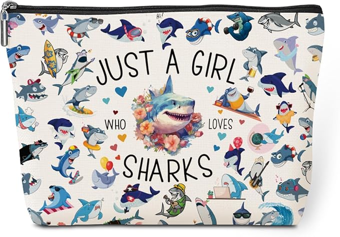 A Girl Loves Sharks Shark Gifts Shark Stuff Sharks Decor Cosmetic Bag travel Makeup Bag Gifts for Women Coworker Teens Bestie Best Friend Birthday Easter Anniversary Graduation Christmas Nurse Day