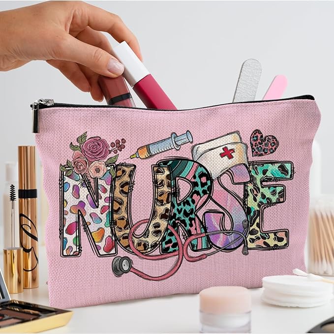 QGFM Nurse Makeup Bags,Nurse Gifts for Women,Nurse Cosmetic Bags With Zipper,Nurse Gifts for Nursing Student,Student Nurse Gifts(Pink)