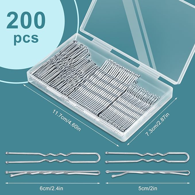 TsMADDTs Hair Pins Kits, 200 pcs Silver Bobby U Shaped Pins for Women Hair Styling, Buns with Plastic Box, 2.4in & in