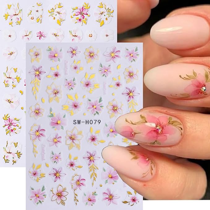 Flower Nail Stickers 6 Sheets - 5D Embossed Floral Designs with Gold Foil Accents, Self-Adhesive Nail Art Decals for Women, Spring & Everyday DIY