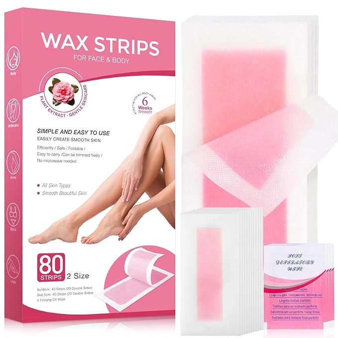 Wax Strips for Hair Removal, Wax Strips, Waxing Kit For Women Face, Body, Arms, Legs, Chest, Back, Bikini Wax Strips, Waxing Hair，Removeal Kit with 80PCS + 4 Calming Oil Wipes