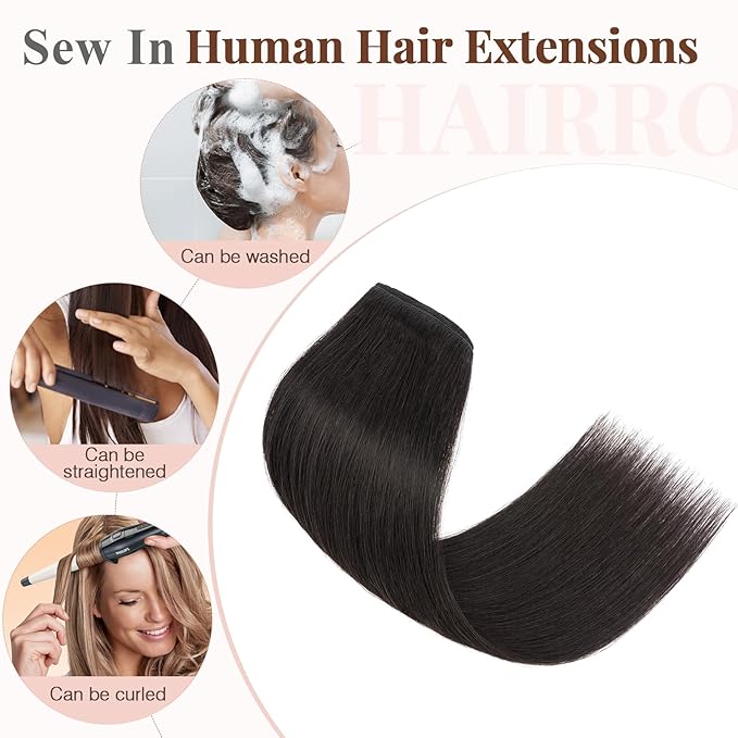 Hairro Sew in Human Hair Extensions Real Hair, 100g/bundle Weave Weft for Women Adding Volume and Length, for DIY Beauty Dating Party, 24 Inch One Bundle Straight Off Black