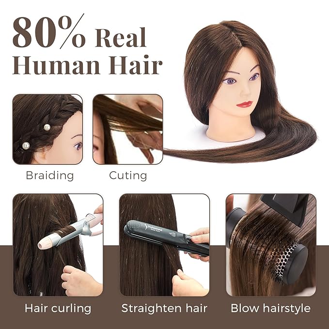 28" Mannequin Head with 80% Real Hair,Cosmetology Manikin Practice Doll Head,Braiding Head with Tripod Stand with Table Clamp + DIY Hair Styling Set #4